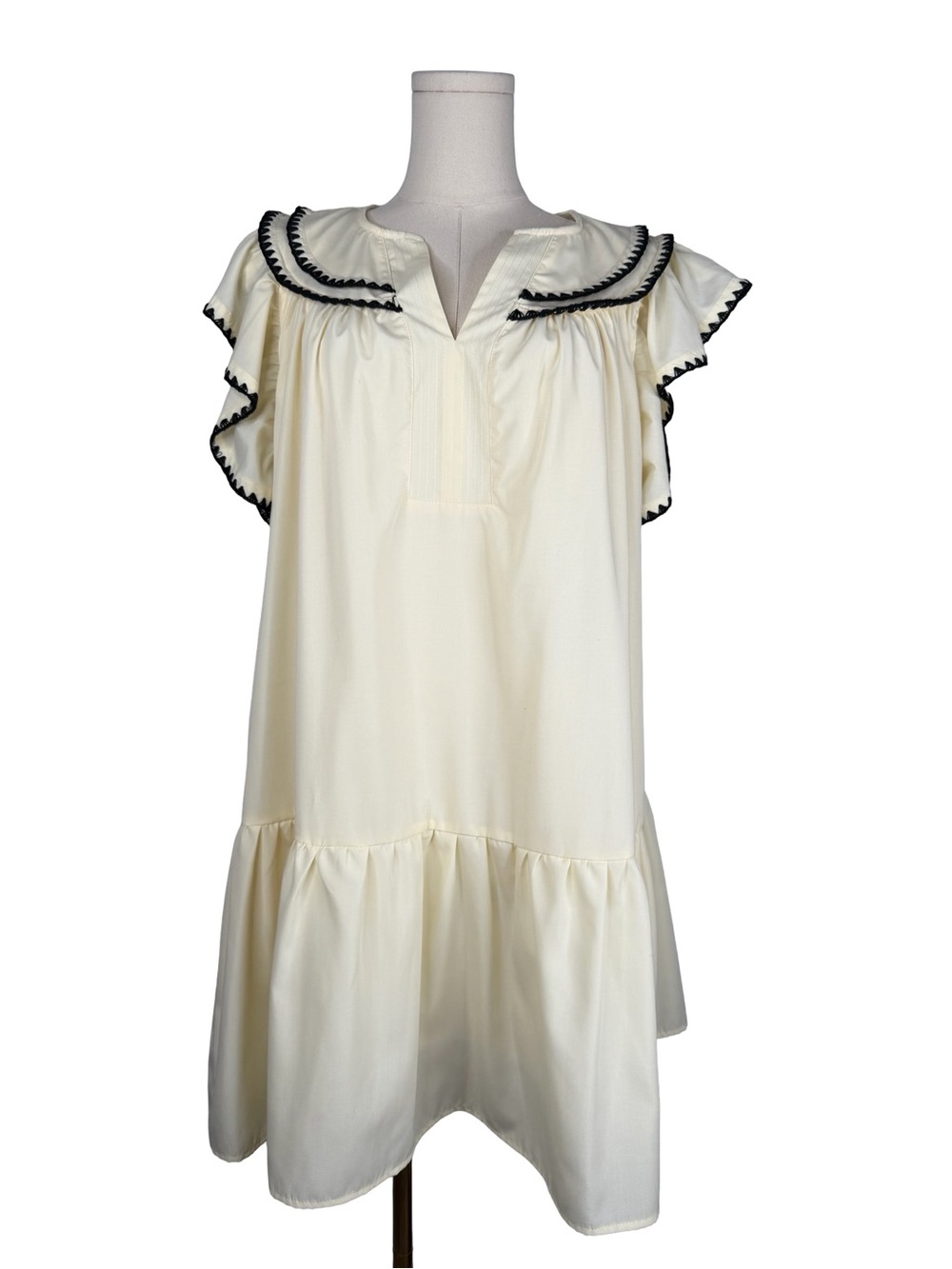 Entro Cream Ruffle Sleeve Mini Dress with Black Trim Medium